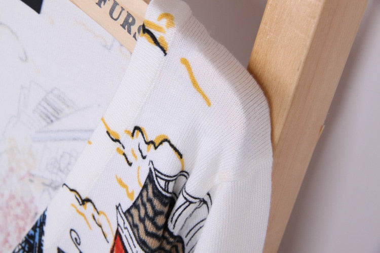 Spring Autumn Drawing Print Lady Long-Sleeve Sweater Cardigans Women V-Neck Casual Knitted Outerwear High Quality