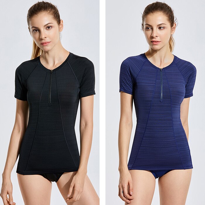 Women's UPF 50+ Zipper Front Rash Guard Swim Shirt Short Sleeves