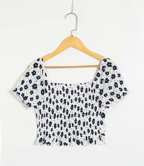Navy Floral Print Summer Cotton Blouses Women Casual Back Elastic Short Sleeve Cropped Shirt Cool Girls Streetwear Tops | Vimost Shop.