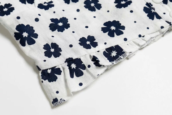 Navy Floral Print Summer Cotton Blouses Women Casual Back Elastic Short Sleeve Cropped Shirt Cool Girls Streetwear Tops | Vimost Shop.