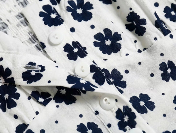 Navy Floral Print Summer Cotton Blouses Women Casual Back Elastic Short Sleeve Cropped Shirt Cool Girls Streetwear Tops | Vimost Shop.