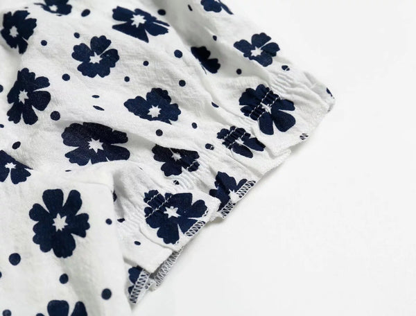 Navy Floral Print Summer Cotton Blouses Women Casual Back Elastic Short Sleeve Cropped Shirt Cool Girls Streetwear Tops | Vimost Shop.