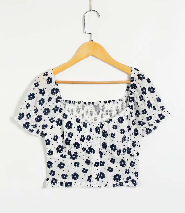 Navy Floral Print Summer Cotton Blouses Women Casual Back Elastic Short Sleeve Cropped Shirt Cool Girls Streetwear Tops | Vimost Shop.