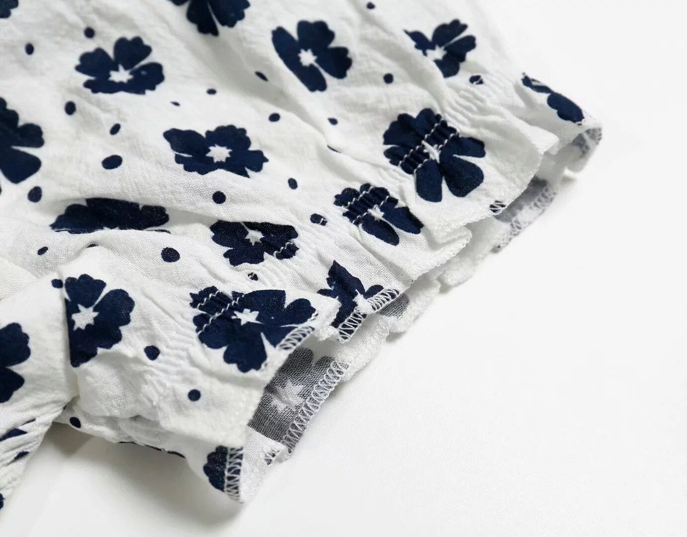 Navy Floral Print Summer Cotton Blouses Women Casual Back Elastic Short Sleeve Cropped Shirt Cool Girls Streetwear Tops | Vimost Shop.