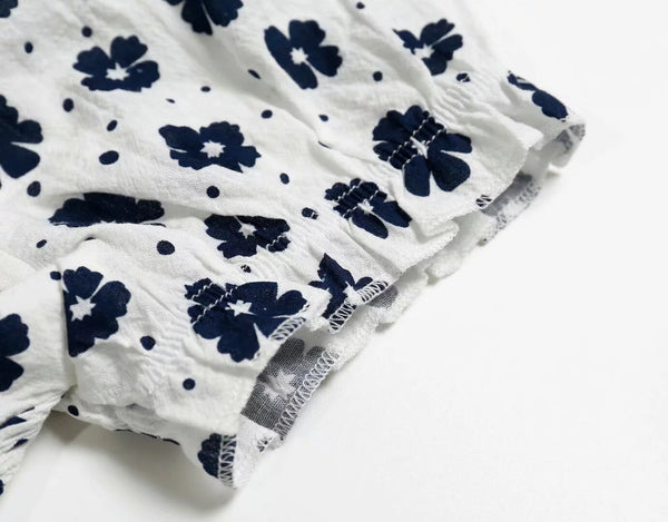 Navy Floral Print Summer Cotton Blouses Women Casual Back Elastic Short Sleeve Cropped Shirt Cool Girls Streetwear Tops | Vimost Shop.