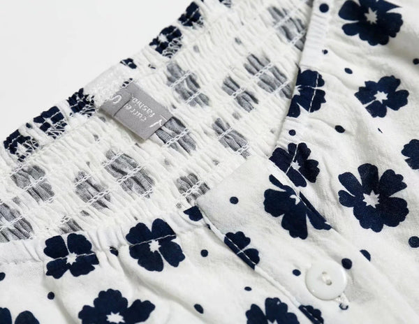 Navy Floral Print Summer Cotton Blouses Women Casual Back Elastic Short Sleeve Cropped Shirt Cool Girls Streetwear Tops | Vimost Shop.