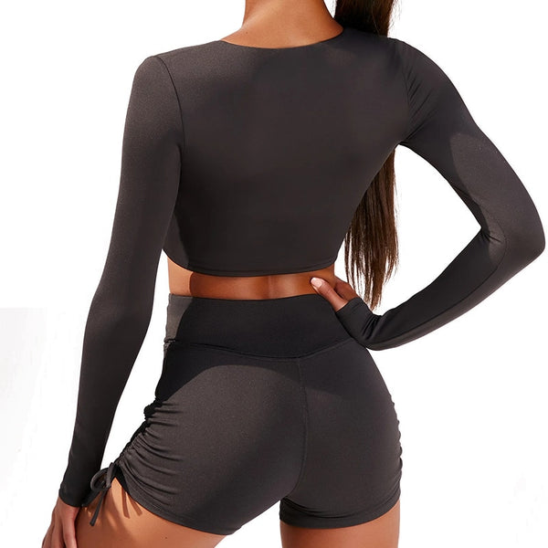 Autumn Solid Yoga Suit Gym Fitness Two Piece Set Long Sleeve Crop Top Shorts Tracksuit Fashion Running Sports Dance Energy Set | Vimost Shop.