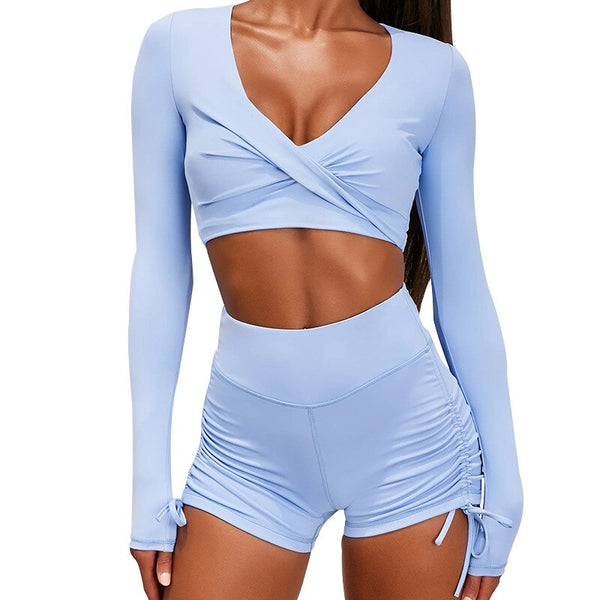 Autumn Solid Yoga Suit Gym Fitness Two Piece Set Long Sleeve Crop Top Shorts Tracksuit Fashion Running Sports Dance Energy Set | Vimost Shop.