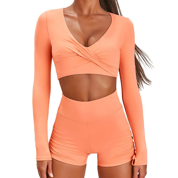 Autumn Solid Yoga Suit Gym Fitness Two Piece Set Long Sleeve Crop Top Shorts Tracksuit Fashion Running Sports Dance Energy Set | Vimost Shop.