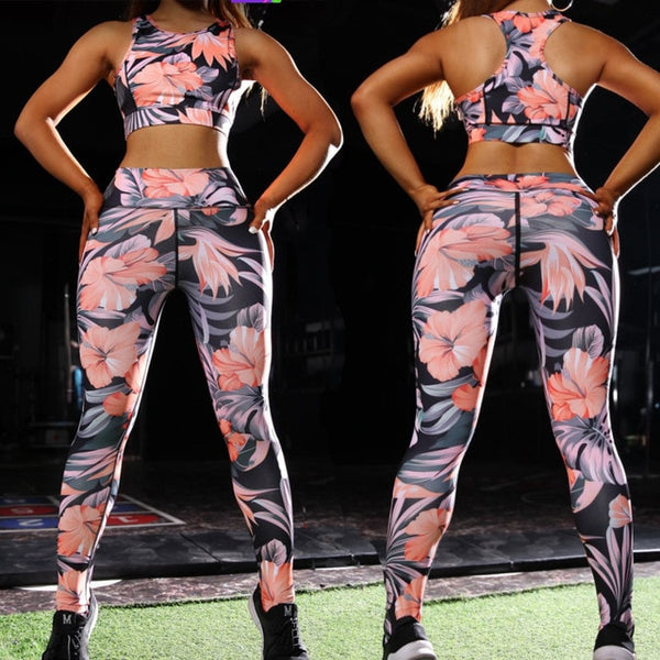 Floral Print Yoga Suit Gym Fitness Two Piece Set Tank Crop Top Leggings Tracksuit Fashion Running Sports Set Casual Outdoor Set | Vimost Shop.