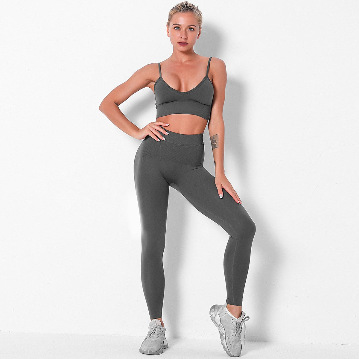 Solid Yoga Suit Gym Fitness Two Piece Set Camisole Crop Top Leggings Tracksuit Fashion Running Sports Dance Energy Casual Set | Vimost Shop.