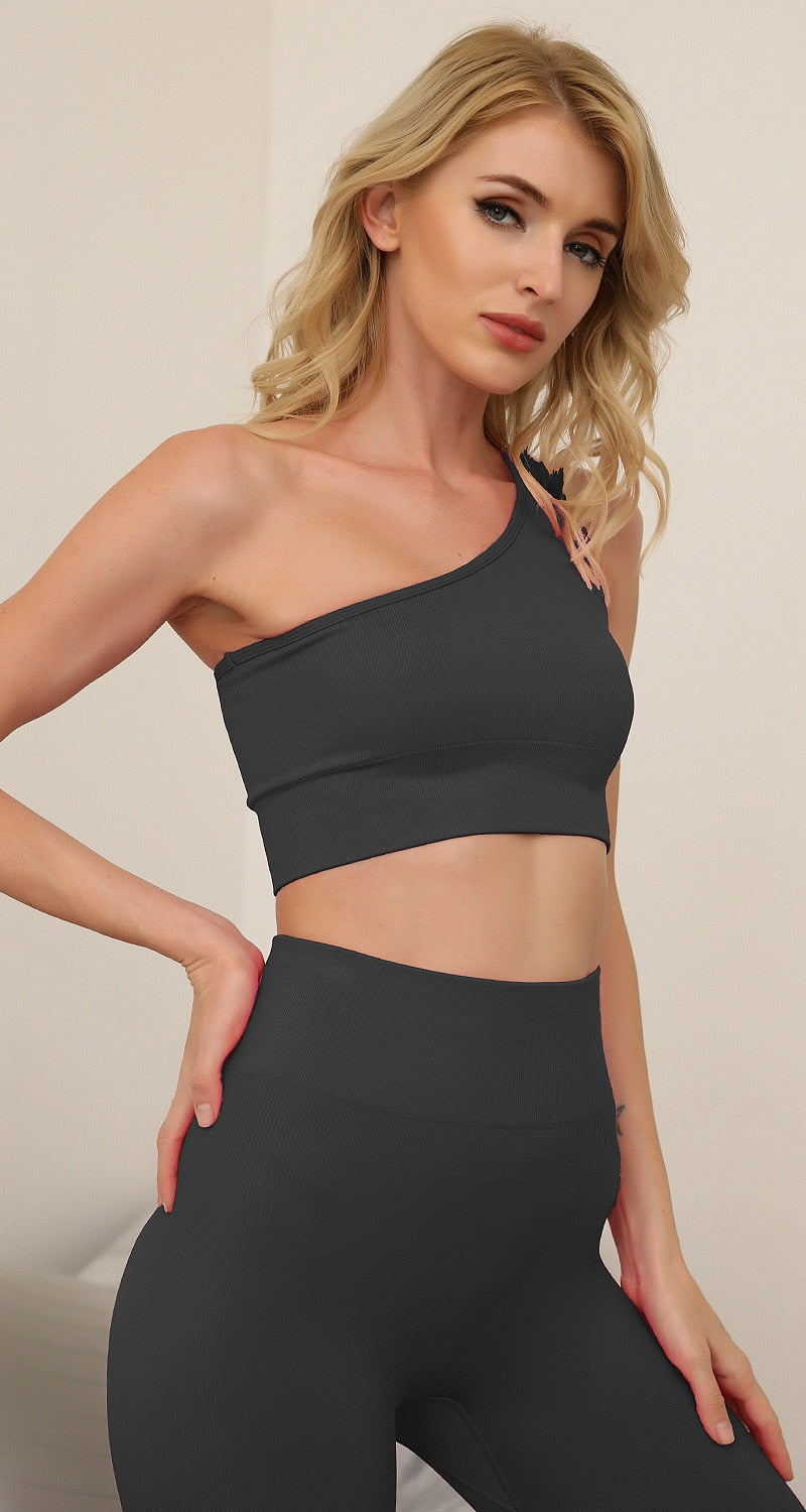 Women Solid Seamless Yoga Set Women Gym Clothes One Shoulder Crop Top And Leggings Fitness Tracksuit Workout Push Up Sports Suit | Vimost Shop.