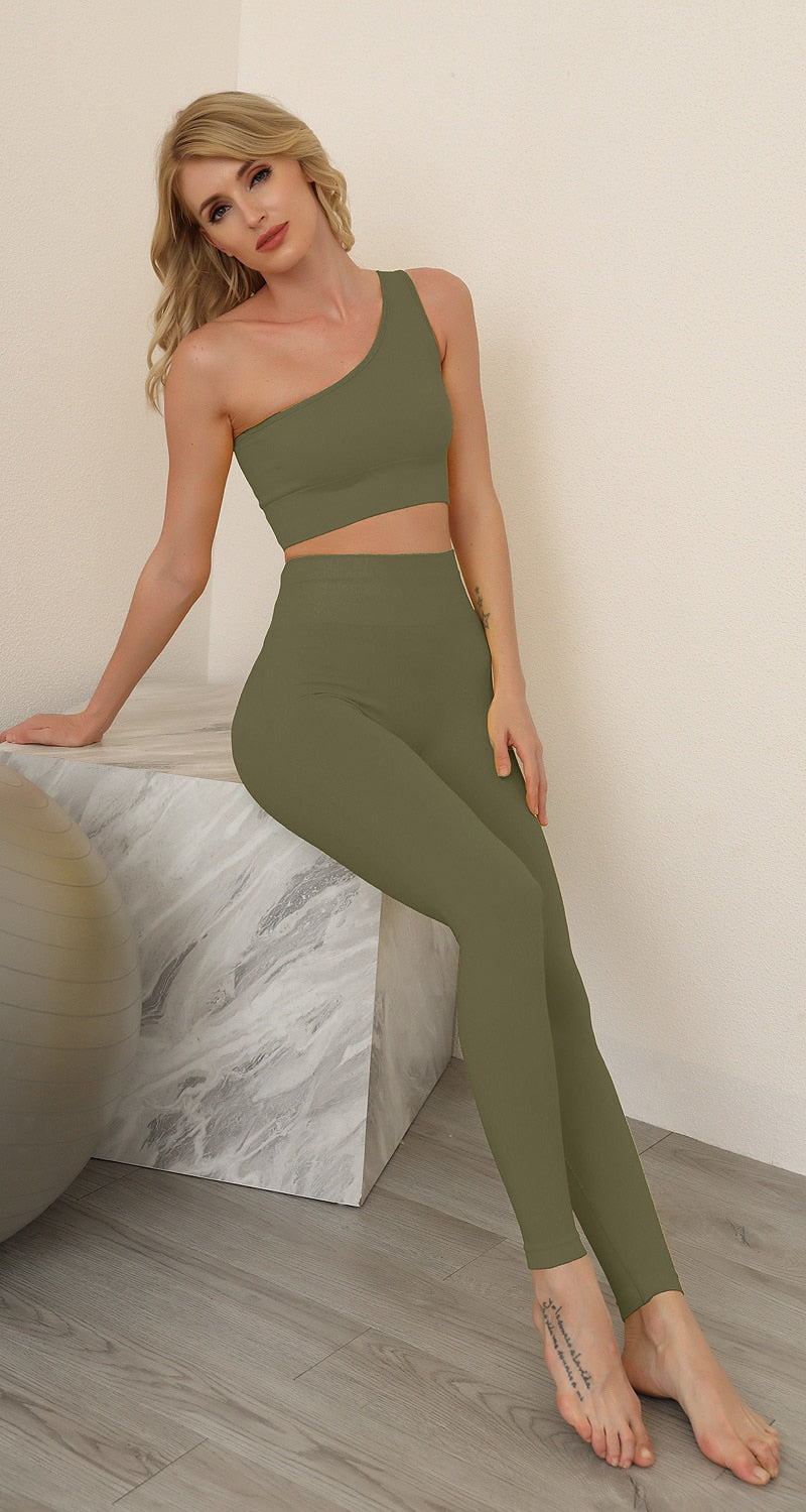 Women Solid Seamless Yoga Set Women Gym Clothes One Shoulder Crop Top And Leggings Fitness Tracksuit Workout Push Up Sports Suit | Vimost Shop.