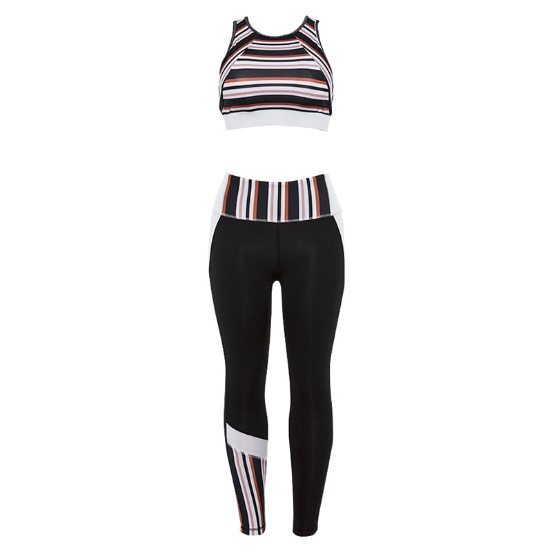 Women Striped Yoga Gym Set Fashion Outdoor Fitness Workout Set Casual Tank Crop Top Leggings Sports Shaping Two Piece Set | Vimost Shop.