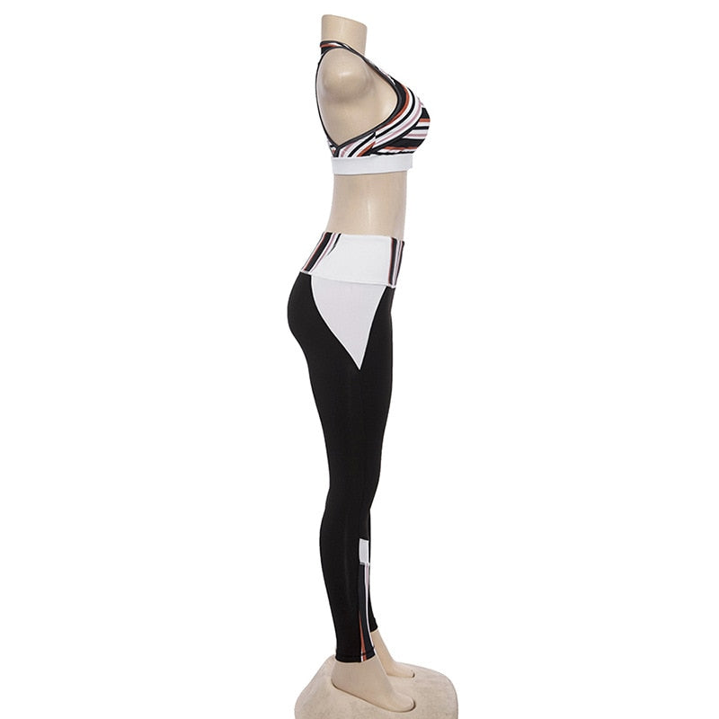Women Striped Yoga Gym Set Fashion Outdoor Fitness Workout Set Casual Tank Crop Top Leggings Sports Shaping Two Piece Set | Vimost Shop.