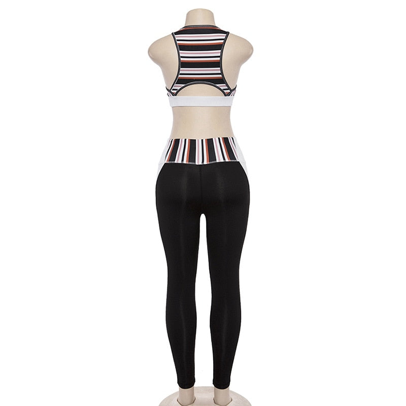 Women Striped Yoga Gym Set Fashion Outdoor Fitness Workout Set Casual Tank Crop Top Leggings Sports Shaping Two Piece Set | Vimost Shop.