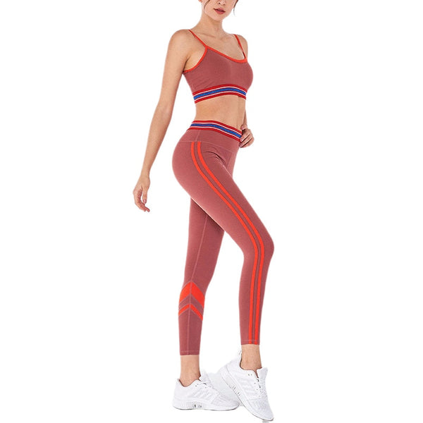Striped Yoga Gym Suit Fitness Sports Two Piece Set Bra Crop Beauty Back Top Leggings Set Push Up Workout Fitness Running Outfits | Vimost Shop.
