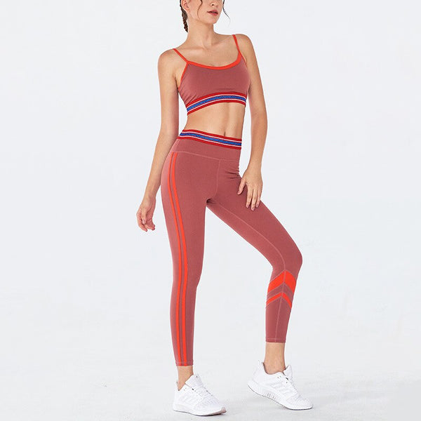 Striped Yoga Gym Suit Fitness Sports Two Piece Set Bra Crop Beauty Back Top Leggings Set Push Up Workout Fitness Running Outfits | Vimost Shop.