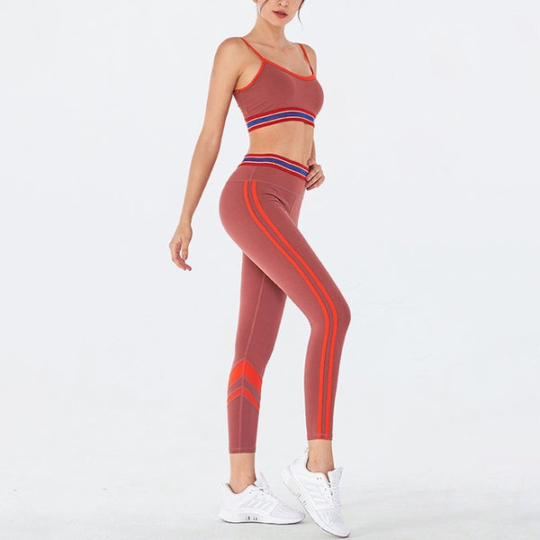 Striped Yoga Gym Suit Fitness Sports Two Piece Set Bra Crop Beauty Back Top Leggings Set Push Up Workout Fitness Running Outfits | Vimost Shop.