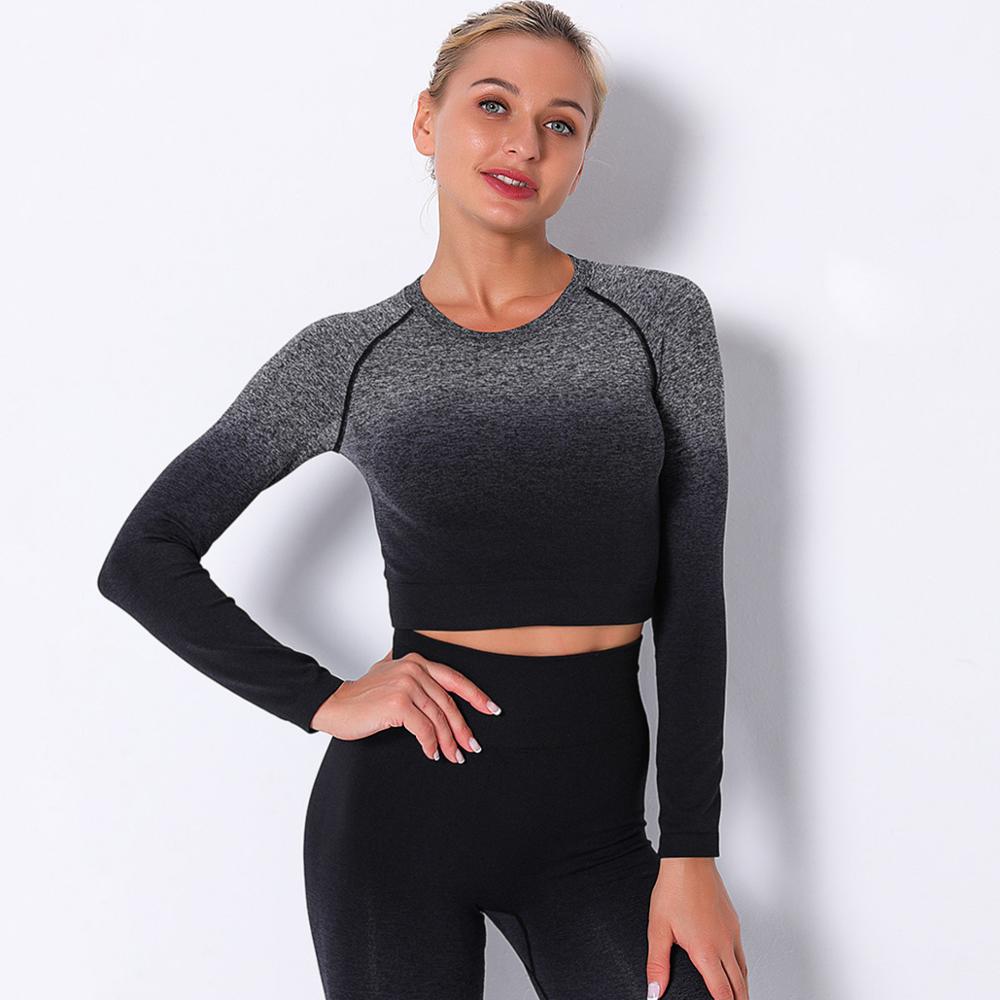 Seamless Changing Color Long Sleeve Crop Top Women Workout Push Up Slim Shirt Casual Gym Fitness Sports Running Top Tees | Vimost Shop.