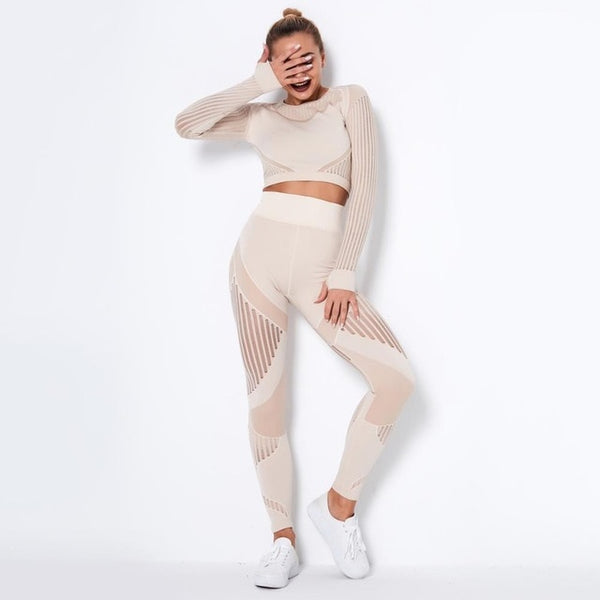 Autumn Seamless Yoga Set Women Gym Clothes Long Sleeve Crop Top Hollow Out Leggings Tracksuit Workout Sports Fitness 2 Piece | Vimost Shop.