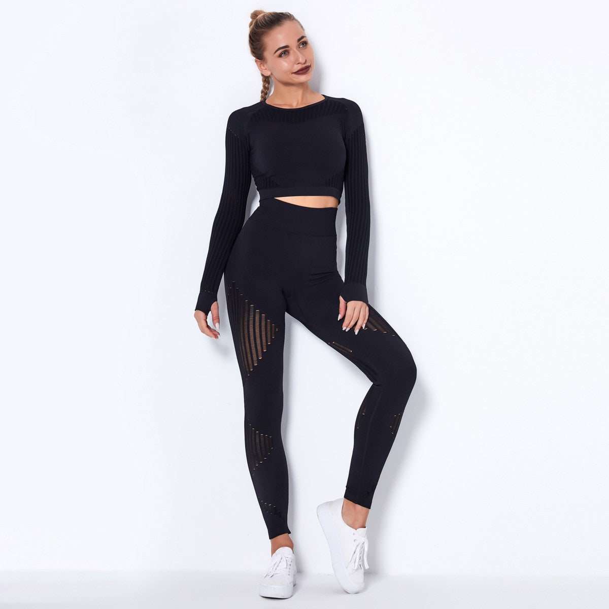 Autumn Seamless Yoga Set Women Gym Clothes Long Sleeve Crop Top Hollow Out Leggings Tracksuit Workout Sports Fitness 2 Piece | Vimost Shop.