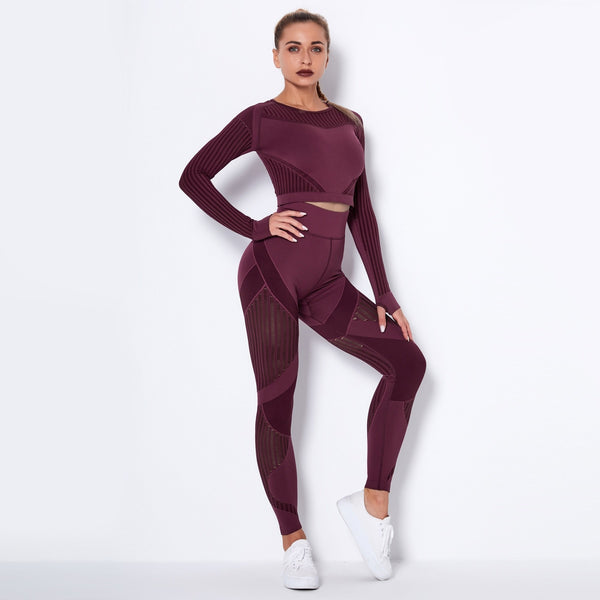 Autumn Seamless Yoga Set Women Gym Clothes Long Sleeve Crop Top Hollow Out Leggings Tracksuit Workout Sports Fitness 2 Piece | Vimost Shop.