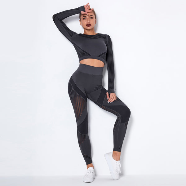 Autumn Seamless Yoga Set Women Gym Clothes Long Sleeve Crop Top Hollow Out Leggings Tracksuit Workout Sports Fitness 2 Piece | Vimost Shop.