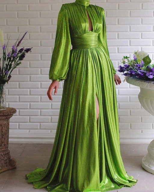 Women's New Autumn Halter Sexy Avocado Green Dress Maxi Party Runway Dress Split Spring Elegant Vestido Green | Vimost Shop.