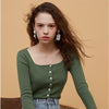 Square Collar Women Green Blouse Shirt Female Elegant  Spring Autumn Sexy Long  Sleeve Tops Ladies Casual Blouses