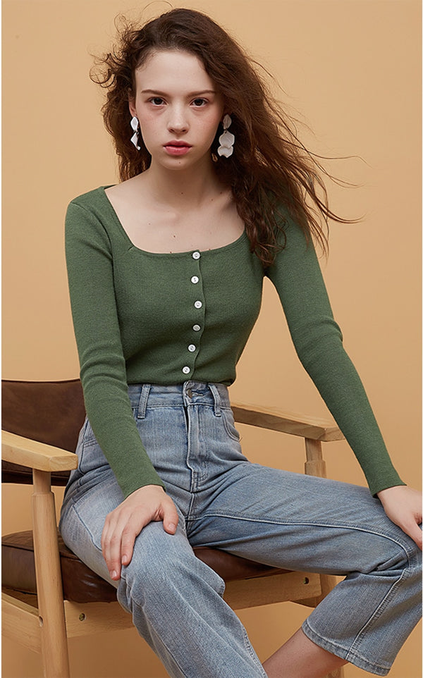 Square Collar Women Green Blouse Shirt Female Elegant  Spring Autumn Sexy Long  Sleeve Tops Ladies Casual Blouses
