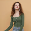 Square Collar Women Green Blouse Shirt Female Elegant  Spring Autumn Sexy Long  Sleeve Tops Ladies Casual Blouses