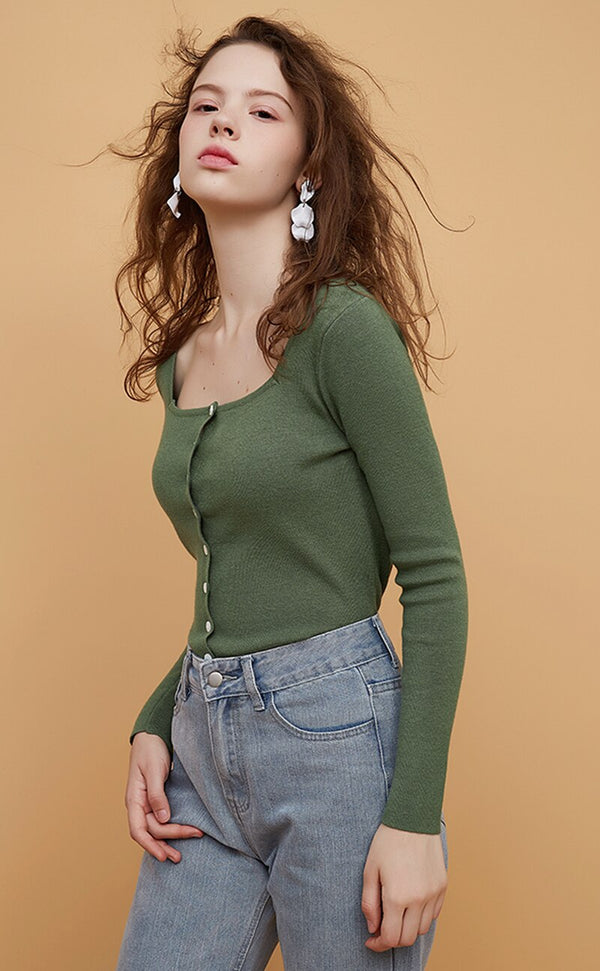 Square Collar Women Green Blouse Shirt Female Elegant  Spring Autumn Sexy Long  Sleeve Tops Ladies Casual Blouses
