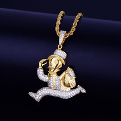 Gold Color Monopoly Man Dollar Money Bag Pendant Necklace Rope Chain Bling Cubic Zircon Hip Hop Jewelry For Gift