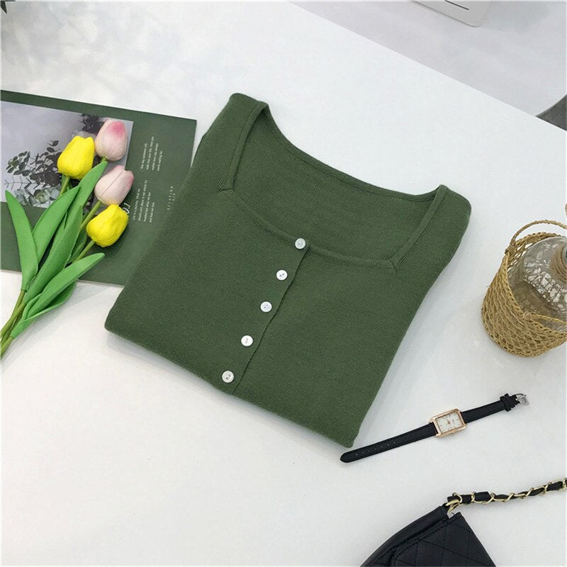 Square Collar Women Green Blouse Shirt Female Elegant Spring Autumn Sexy Long Sleeve Tops Ladies Casual Blouses