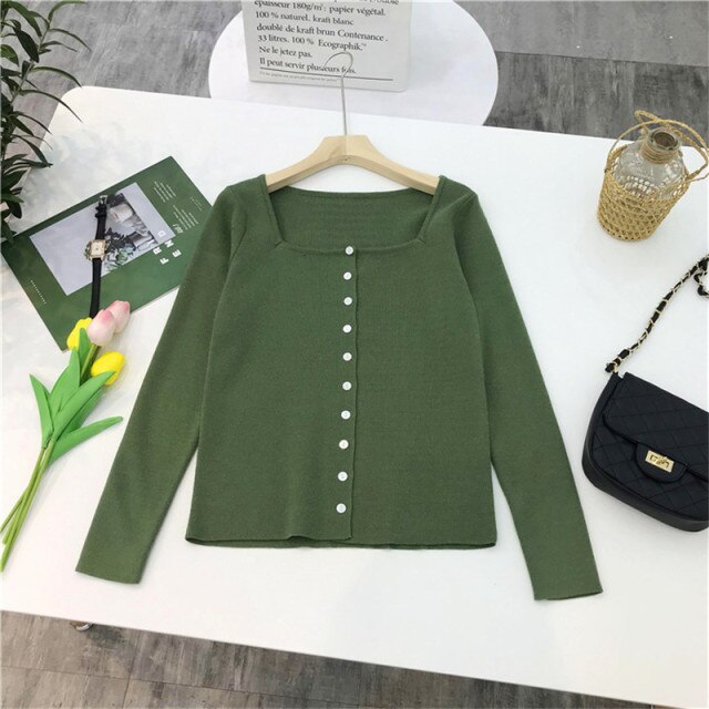 Square Collar Women Green Blouse Shirt Female Elegant Spring Autumn Sexy Long Sleeve Tops Ladies Casual Blouses