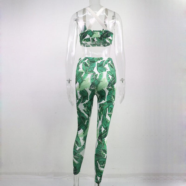 Seamless Leaf Print Yoga Set Gym Clothing Fashion Bra Crop Top Leggings Suit Push Up Workout Training Running Sports Tracksuit | Vimost Shop.