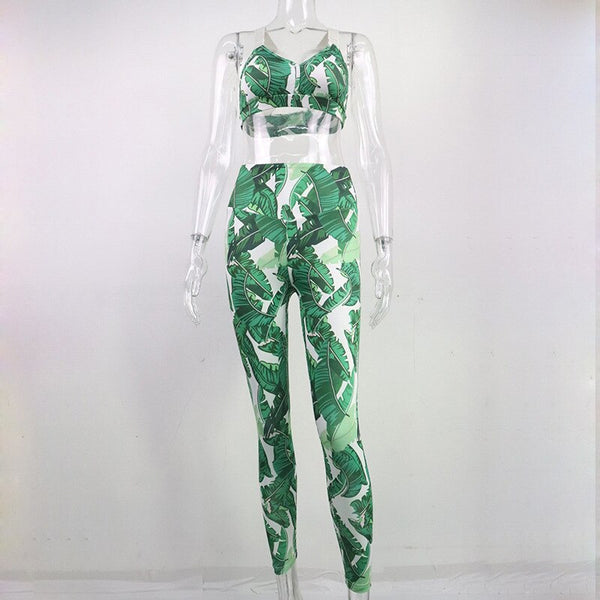 Seamless Leaf Print Yoga Set Gym Clothing Fashion Bra Crop Top Leggings Suit Push Up Workout Training Running Sports Tracksuit | Vimost Shop.