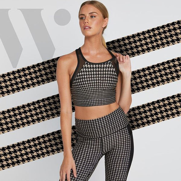 Sportswear Seamless Plaid Yoga Suit Women Gym Clothes Sheer Mesh Patchwork Crop Top Leggings Tracksuit Workout Fitness Suit | Vimost Shop.