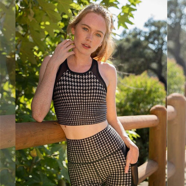 Sportswear Seamless Plaid Yoga Suit Women Gym Clothes Sheer Mesh Patchwork Crop Top Leggings Tracksuit Workout Fitness Suit | Vimost Shop.