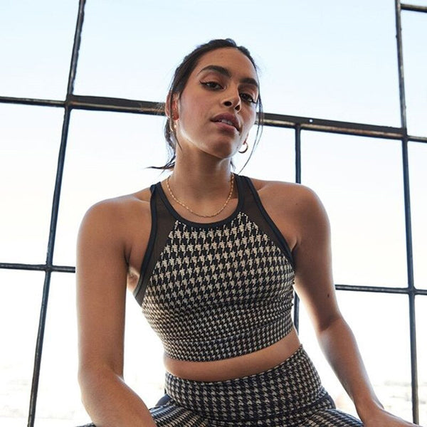 Sportswear Seamless Plaid Yoga Suit Women Gym Clothes Sheer Mesh Patchwork Crop Top Leggings Tracksuit Workout Fitness Suit | Vimost Shop.