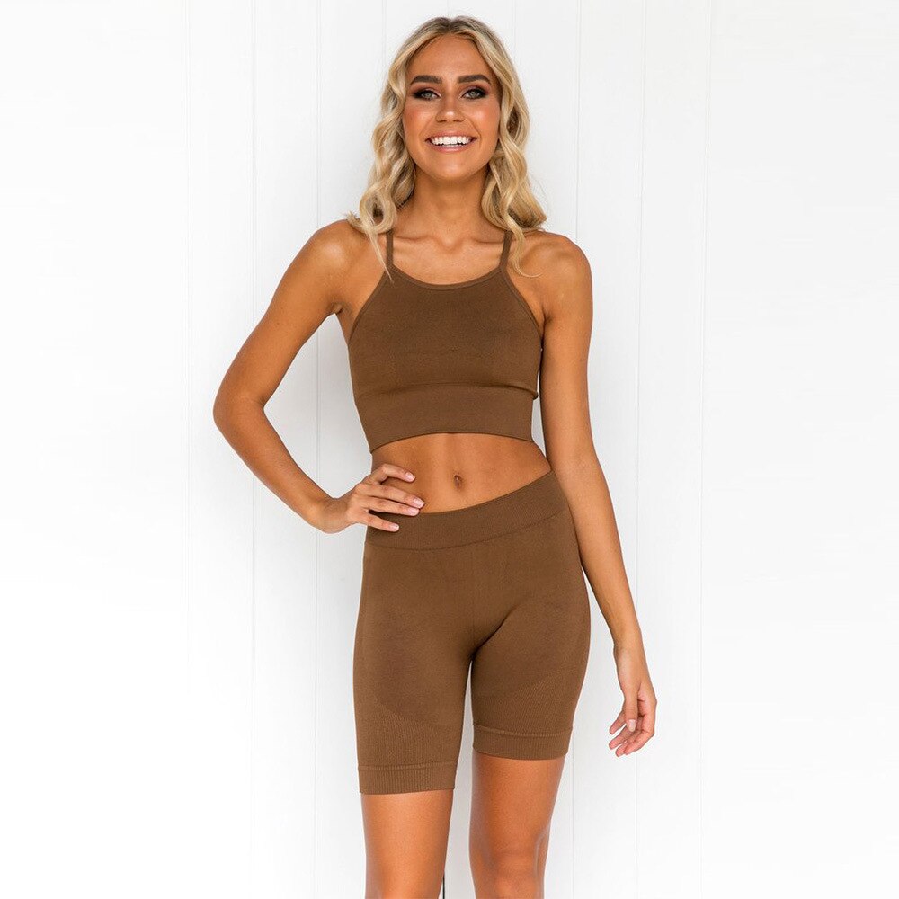 Sportswear Seamless Solid Yoga Suit Women Gym Clothes Cami Crop Top High Waist Shorts Tracksuit Fitness Workout Outdoor Set | Vimost Shop.
