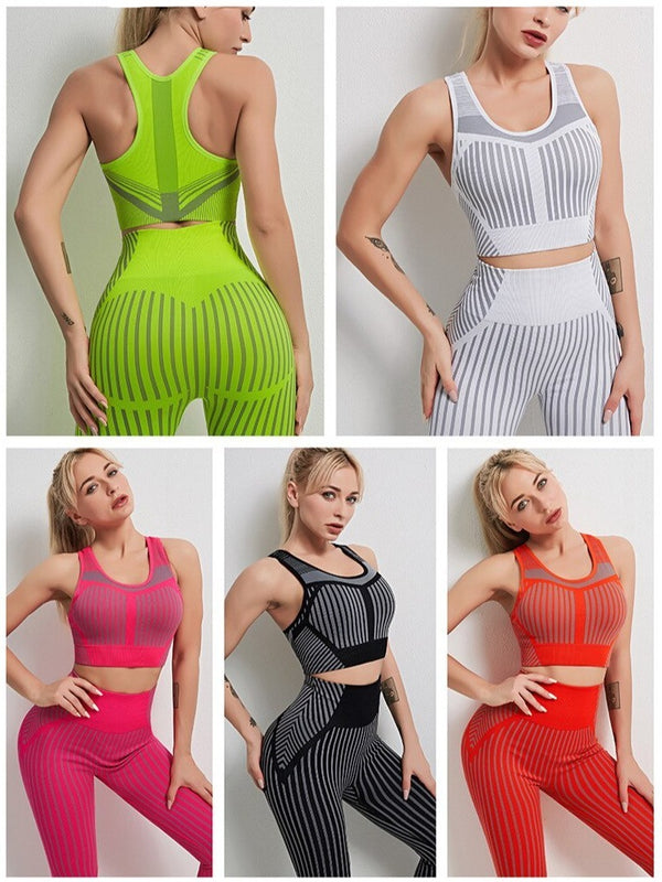 Seamless Striped Sports Yoga Set Gym Fitness Tracksuit Fashion Bra Top Leggings Suit Jogging Push Up Workout Training Clothing | Vimost Shop.