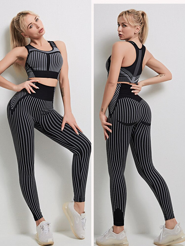 Seamless Striped Sports Yoga Set Gym Fitness Tracksuit Fashion Bra Top Leggings Suit Jogging Push Up Workout Training Clothing | Vimost Shop.