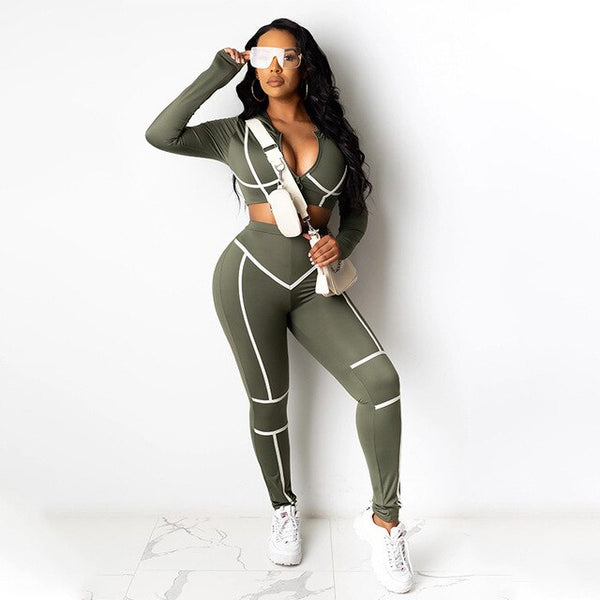 Autumn Striped Two Piece Set Tracksuit For Women Long Sleeve Crop Top Long Pants Jogging Outdoor Sports Suit Casual Sports Suit | Vimost Shop.