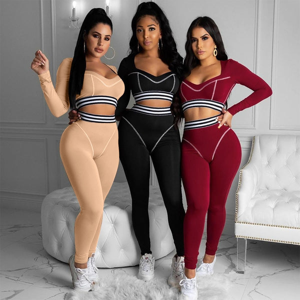 Striped Patchwork Sportswear Yoga Set Autumn Workout Gym Fitness Tracksuit Long Sleeve Crop Top High Elastics Leggings 2 PCS | Vimost Shop.