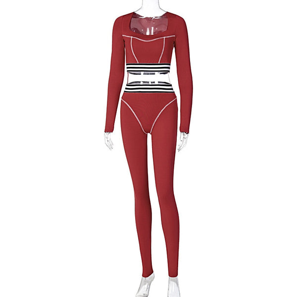 Striped Patchwork Sportswear Yoga Set Autumn Workout Gym Fitness Tracksuit Long Sleeve Crop Top High Elastics Leggings 2 PCS | Vimost Shop.