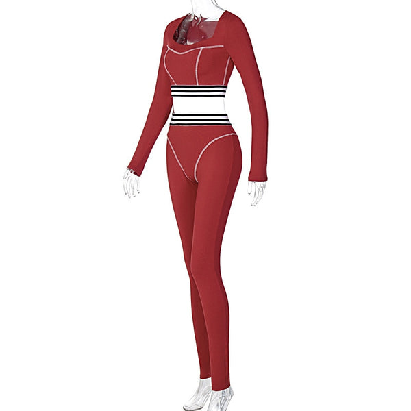 Striped Patchwork Sportswear Yoga Set Autumn Workout Gym Fitness Tracksuit Long Sleeve Crop Top High Elastics Leggings 2 PCS | Vimost Shop.
