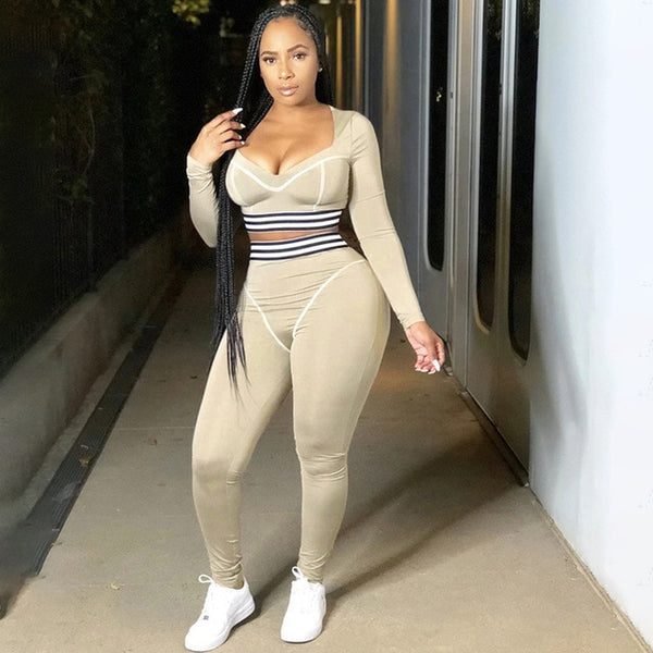 Striped Patchwork Sportswear Yoga Set Autumn Workout Gym Fitness Tracksuit Long Sleeve Crop Top High Elastics Leggings 2 PCS | Vimost Shop.