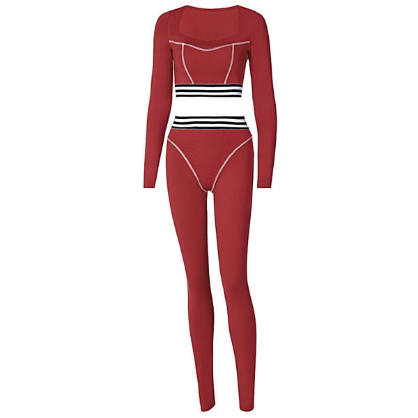 Striped Patchwork Sportswear Yoga Set Autumn Workout Gym Fitness Tracksuit Long Sleeve Crop Top High Elastics Leggings 2 PCS | Vimost Shop.